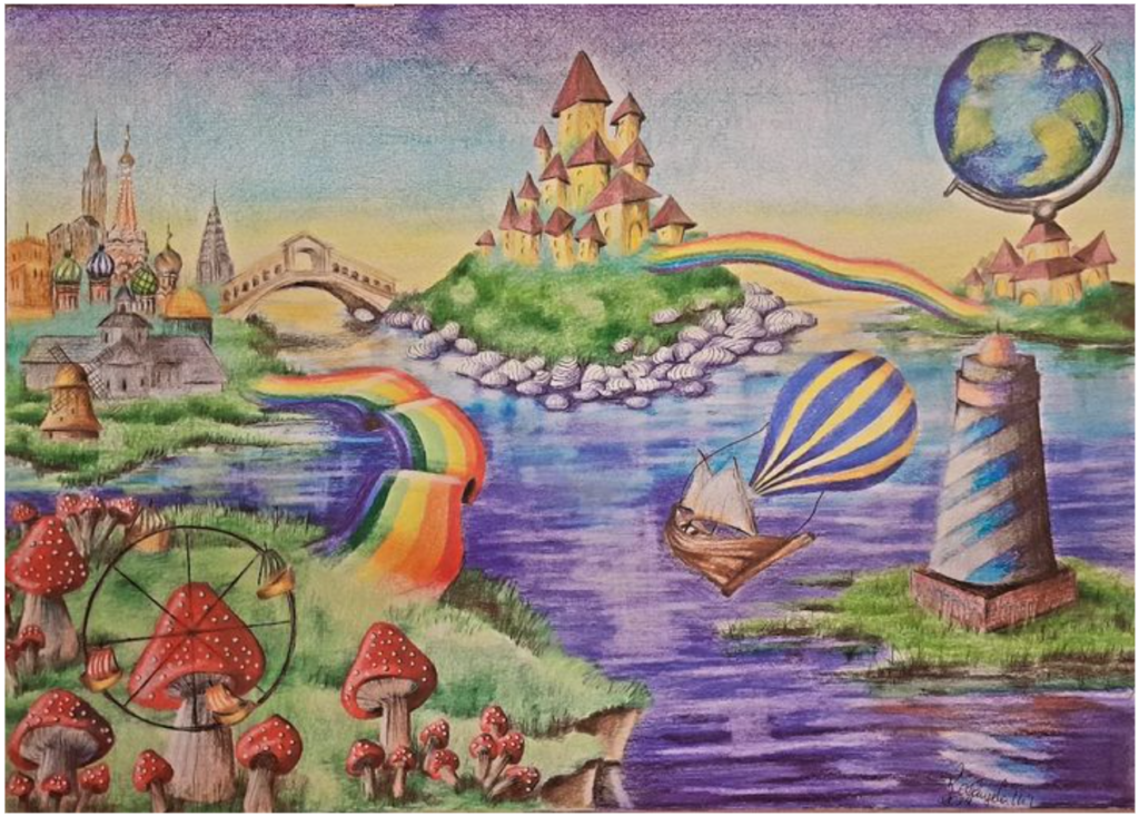 Rosangela Vig - O Mundo é uma cópia do mundo das idéias, Série Mundos Imaginários e Balões - Lápis de cor sobre papel 100x100 2025