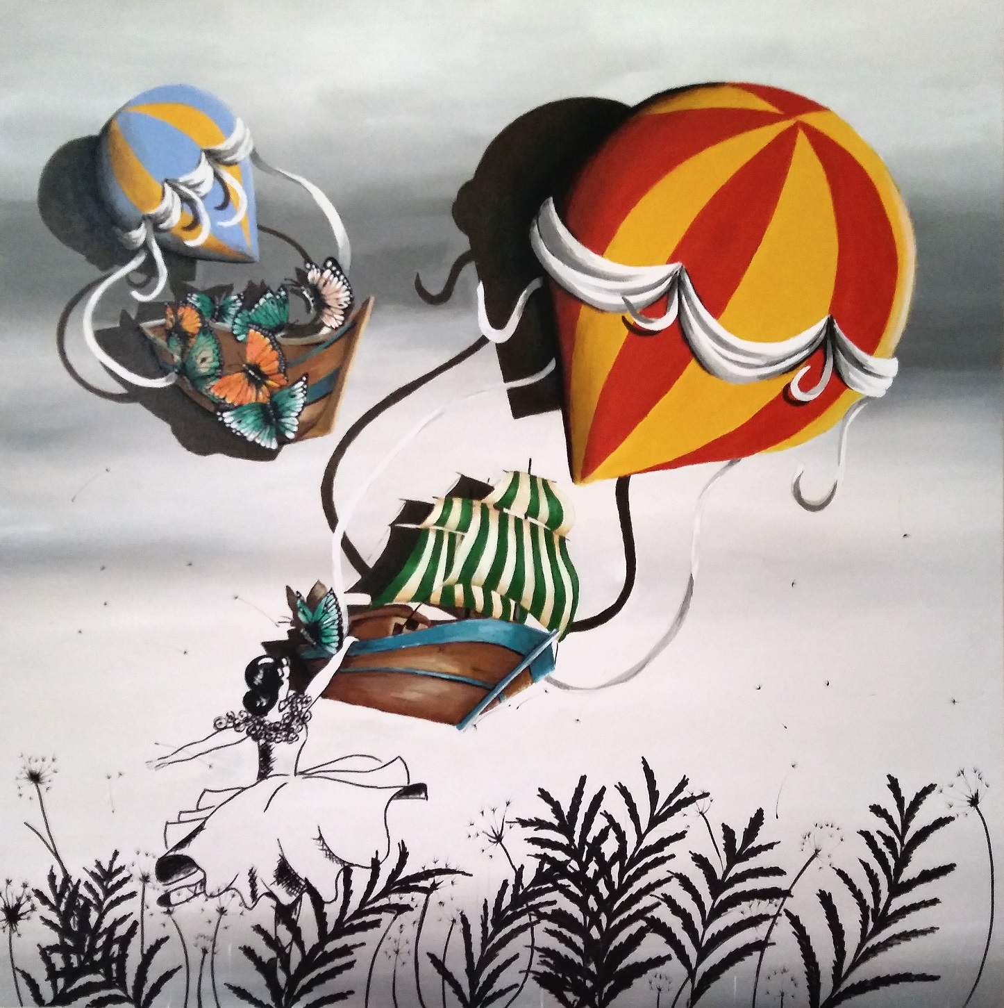 Rosangela Vig - Balão, Bailarina e Dentes de Leão - Acrílico sobre tela - 90 cm X 90 cm - 2023