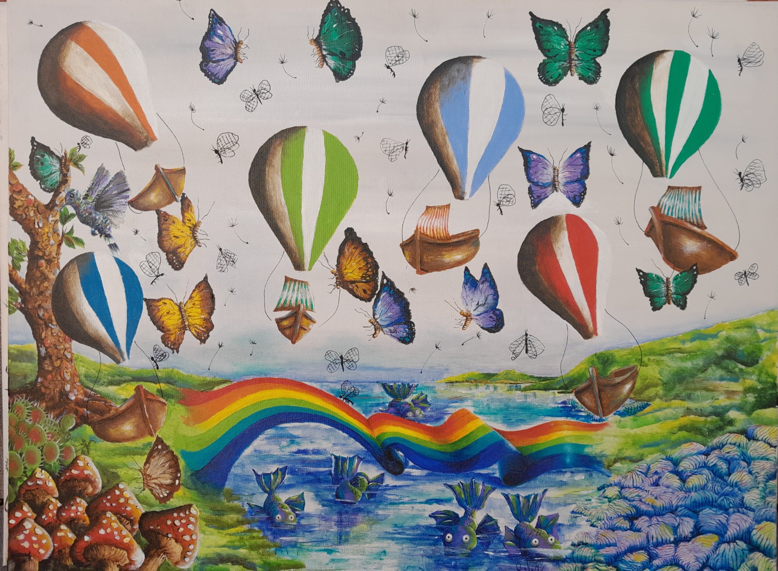 Rosangela Vig - Seis Balões, Borboletas e Arco-Iris - Acrílico sobre tela 60 cm X 80 cm 2019
