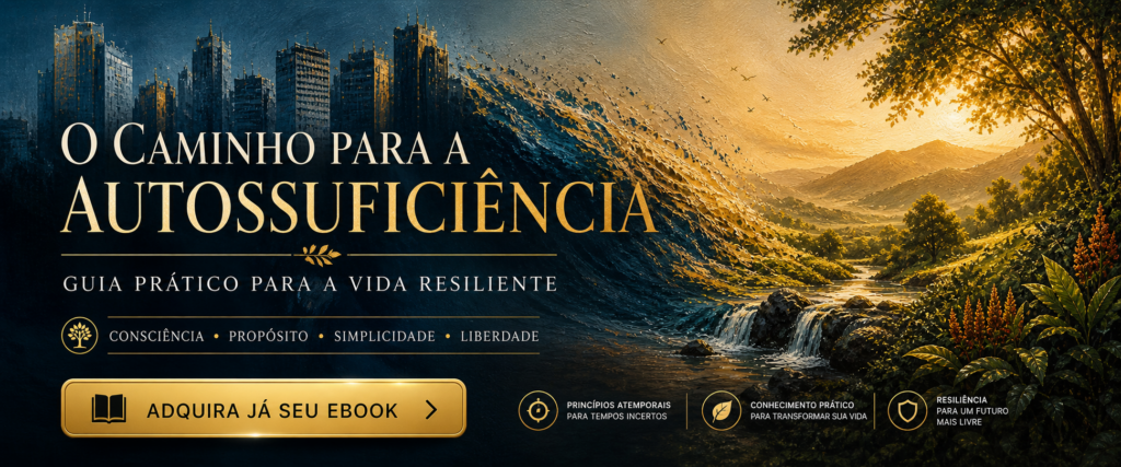 Banner editorial artístico mostrando transição de cidade para natureza com o título “O Caminho para a Autossuficiência” e botão “Adquira já seu ebook”