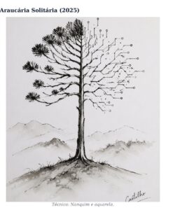 O Algoritmo da Cesta Araucária Solitária. Técnica: Nanquim e aquarela.