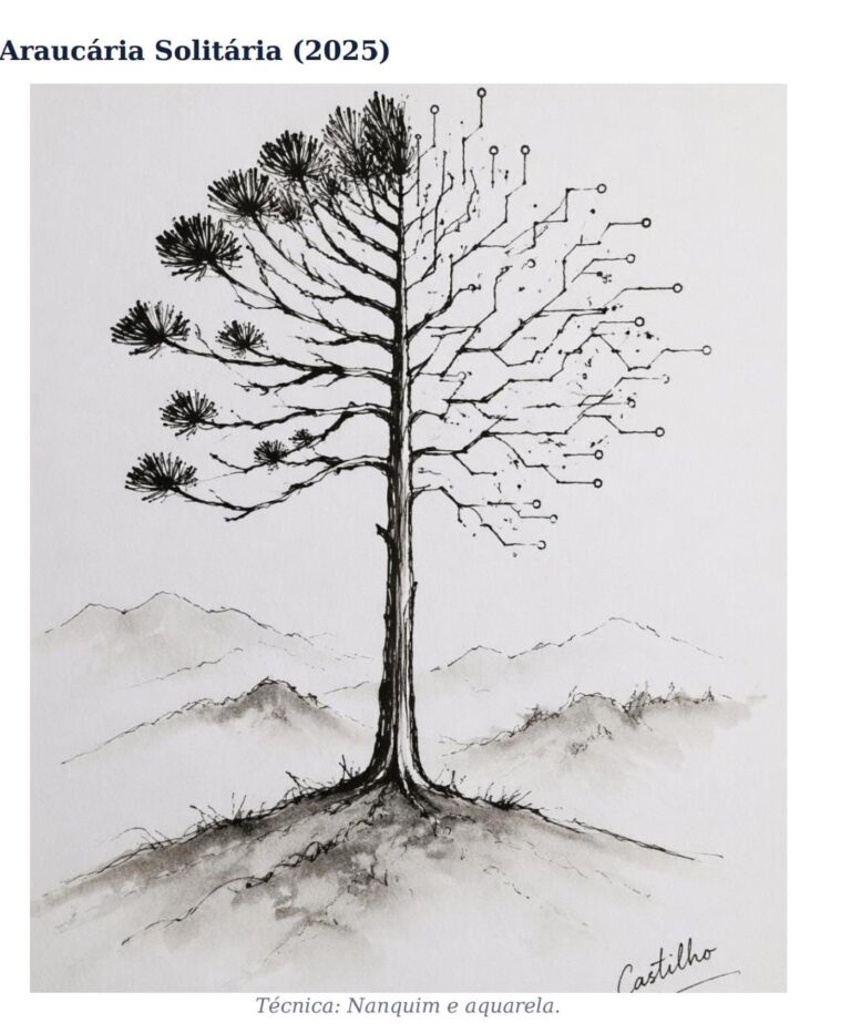 O Algoritmo da Cesta Araucária Solitária. Técnica: Nanquim e aquarela.