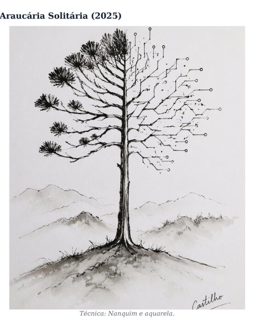 O Algoritmo da Cesta Araucária Solitária. Técnica: Nanquim e aquarela.