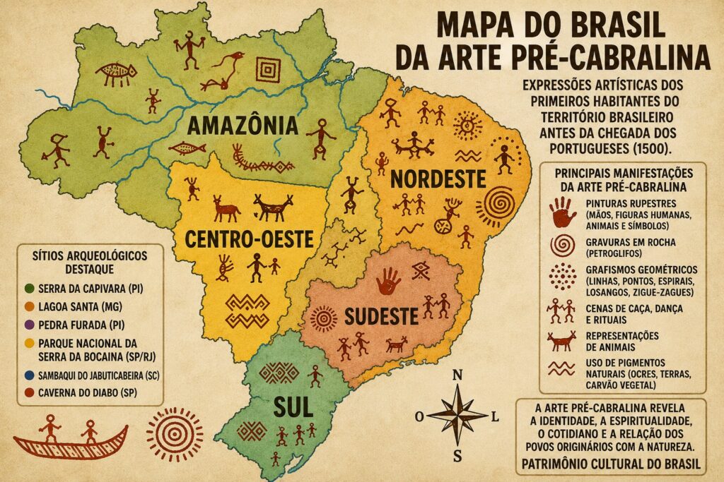 Mapa com a localização da Arte Pré-cabralina