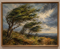 Pintura a óleo de árvores inclinadas pela força do vento sob um céu tempestuoso.