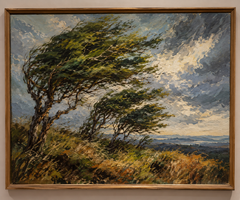 Sobre o hábito de anunciar as próprias falhas antes que alguém as encontre Pintura a óleo de árvores inclinadas pela força do vento sob um céu tempestuoso.
