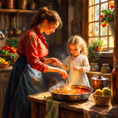 Mãe e filha preparando uma refeição juntas em uma cozinha rústica e iluminada pelo sol