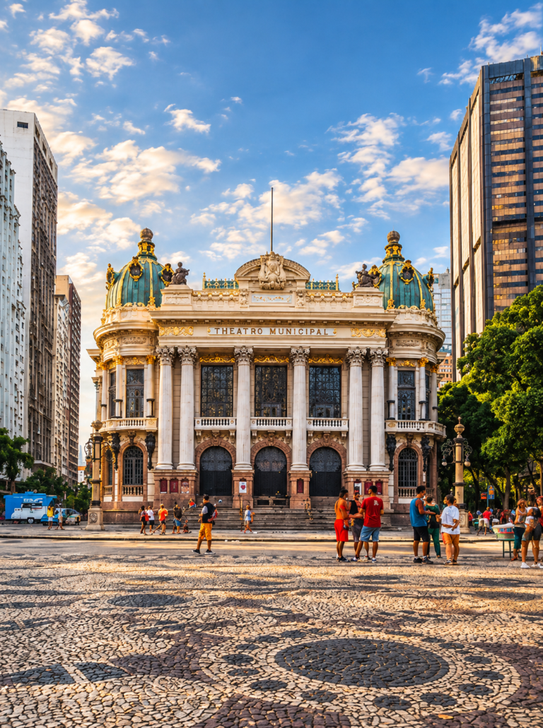 Theatro Municipal do Rio de Janeiro no Centro da cidade, cercado por edifícios e pessoas